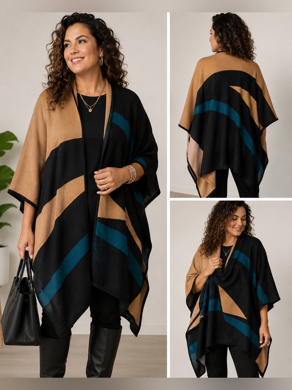 Chico’s Colorblock Ruana Shawl Sweater Wrap Poncho Travel Open Cape L/XL